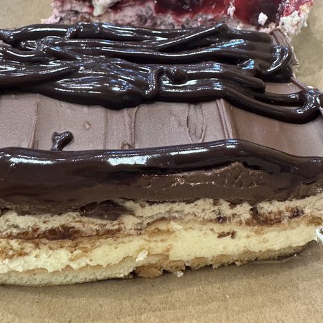 Layered chocolate eclair cake with fudge topping and chocolate drizzle